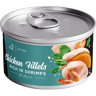 Savory Chicken Fillets Rich in Shrimps in Jelly Kitten Влажный корм с филе курицы и креветками для котят (кусочки в желе), 70 г