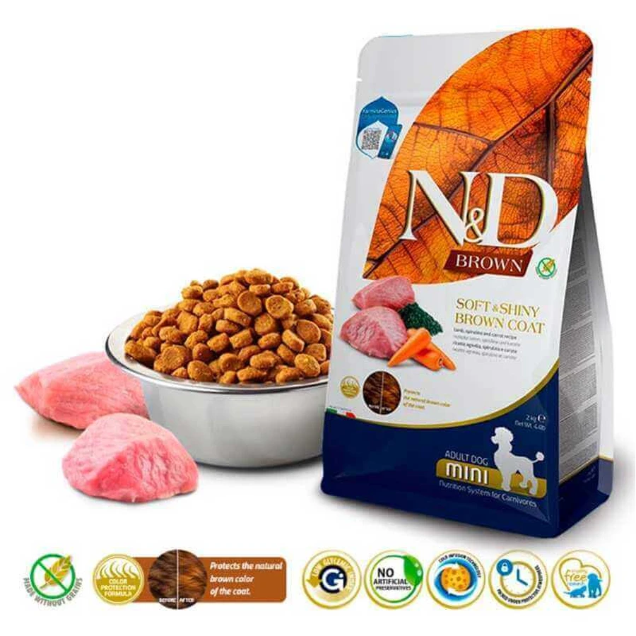 Farmina N&D Brown Lamb, Spirulina&Carrot Adult Mini Dog - Сухий беззерновий корм з ягням і спіруліною для собак дрібних порід із коричневою шерстю 2 кг: ціни та характеристики