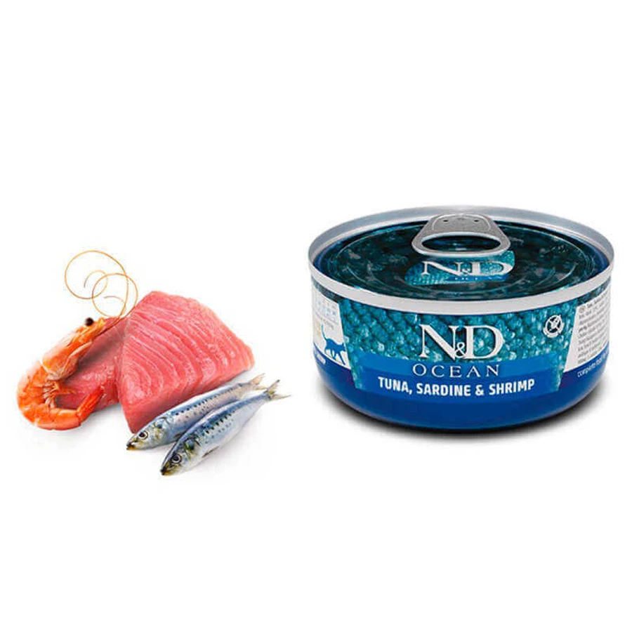 Farmina N&D Grain Ocean Tuna Sardine & Shrimp Adult Cat - Беззерновой консервированный корм с тунцем, сардиной и креветкой для кошек 70 г: цены и характеристики