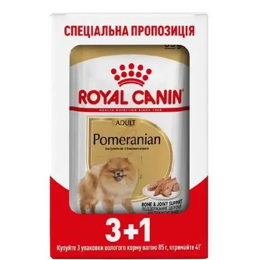 Royal Canin Pomeranian Loaf Вологий корм з м'ясом для дорослих собак породи Померанський шпіц (паштет), 85 г, 3+1 шт: ціни та характеристики