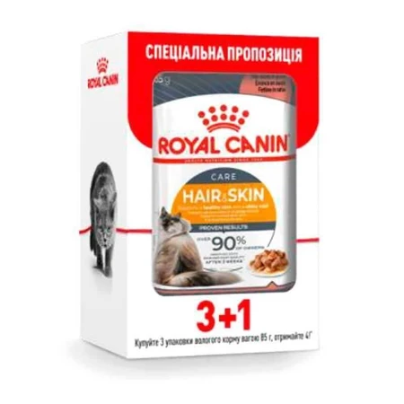 Royal Canin Hair&Skin Консервированный корм с мясом и рыбой для здоровья кожи и красоты шерсти кошек (кусочки в желе), 85 г, 3+1 шт: цены и характеристики