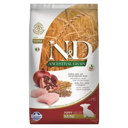 Farmina N&D Low Grain Chicken & Pomegranate Puppy Mini – Низькозерновий сухий корм з куркою і гранатом для цуценят дрібних порід 2,5 кг: ціни та характеристики