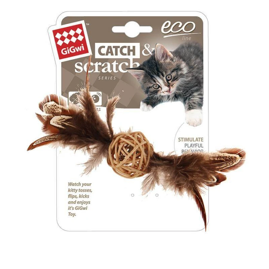 GiGwi (ГіГві) Catch&scratch - Іграшка для котів Плетений м'ячик з дзвіночком та пір'ям 13 см: ціни та характеристики