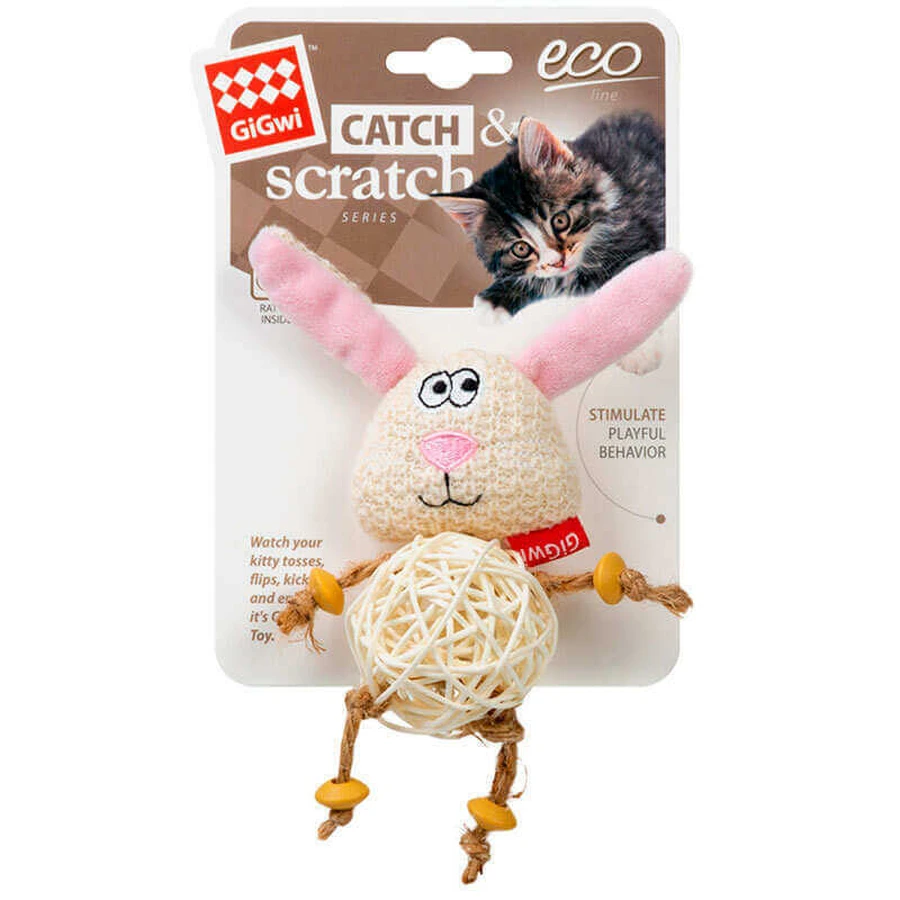 GiGwi Catch&Scratch – Игрушка Зайка с плетеным мячиком и колокольчиком для кошек 10х5 см: цены и характеристики