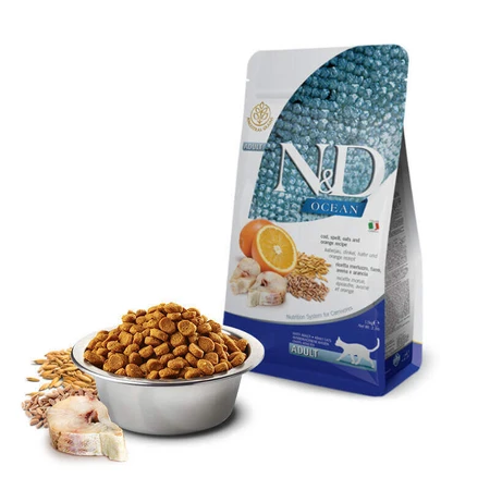 Farmina N&D Ocean Ancestral Cod, Spelt, Oats & Orange Adult – Низкозерновой сухой корм с треской и апельсином для взрослых кошек 1,5 кг: цены и характеристики