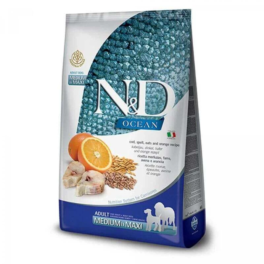 Farmina N&D Ocean Cod, Spelt, Oats & Orange Adult Medium & Maxi - Низькозерновий сухий корм із тріскою та апельсином для дорослих собак середніх і великих порід 12 кг: ціни та характеристики