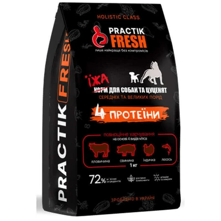 Practik Fresh Сухий корм 4 Протеїни для собак середніх і великих порід, 1 кг: ціни та характеристики