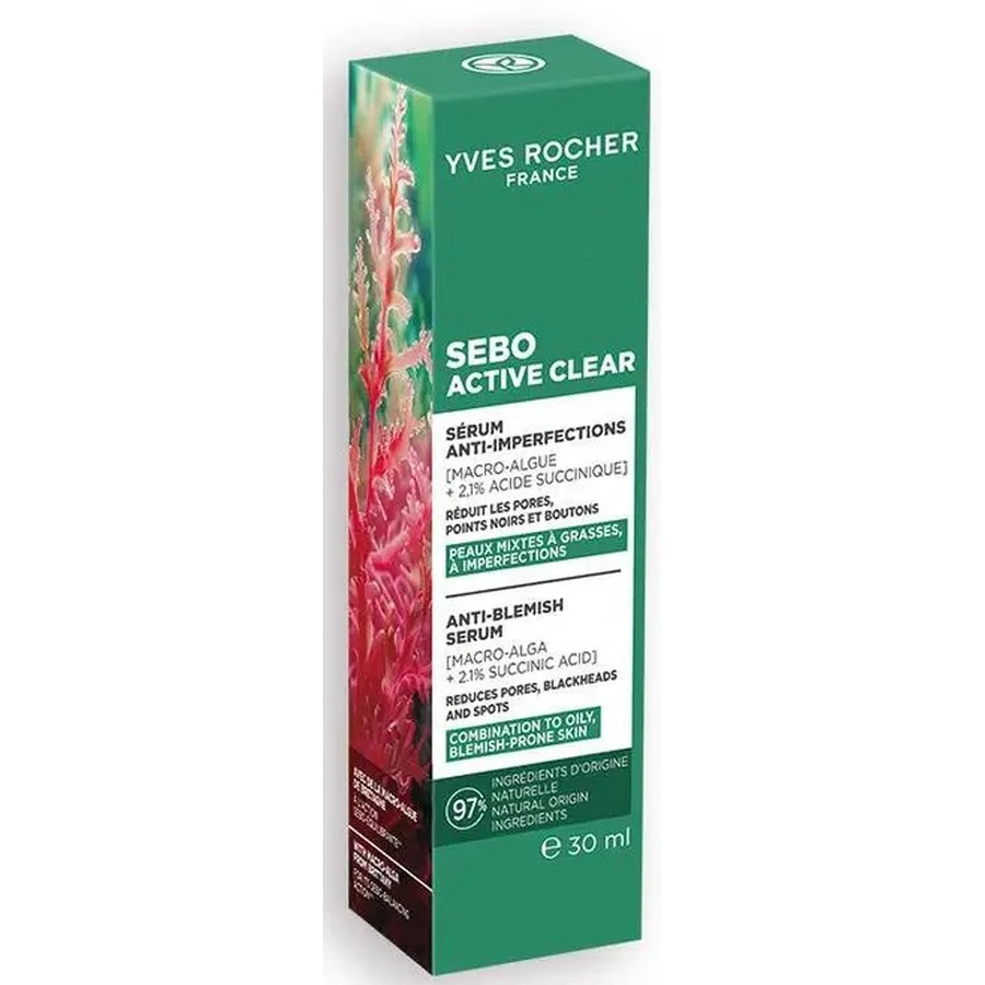 Сироватка для обличчя Yves Rocher Sébo Active Clear (Себо Актив Кліар) Себорегуляція та очищення комбінованої, жирної та проблемної шкіри, 30 мл: ціни та характеристики