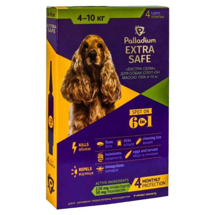 Palladium Dog Extra Safe 6in1 Противопаразитарные капли на холке от блох, клещей и гельминтов для собак (1 пипетка), 4-10 кг: цены и характеристики