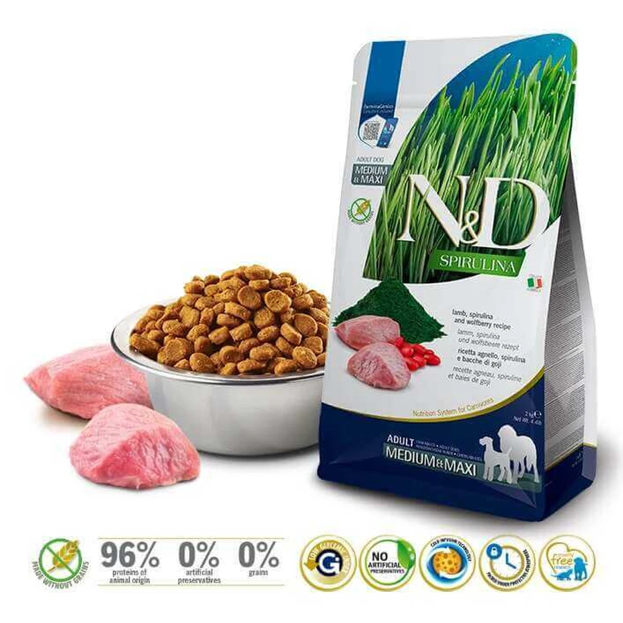 Farmina N&D Spirulina Lamb Adult Medium&Maxi Dog - Беззерновой сухой корм с ягненком и спирулиной для взрослых собак средних и крупных пород 2 кг: цены и характеристики