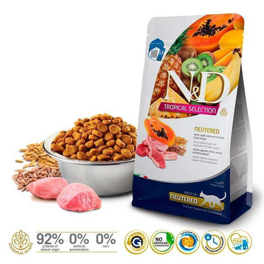 Farmina N&D Tropical Selection Lamb Neutered Cat - Низькозерновий сухий корм з ягням і тропічними фруктами для стерилізованих котів 10 кг: ціни та характеристики