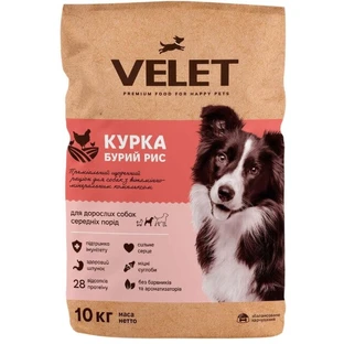 Velet Сухой корм Курица и бурый рис для взрослых собак средних пород, 10 кг