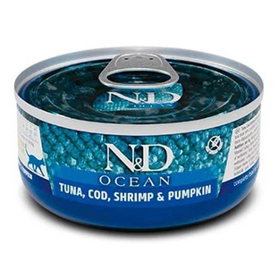 Farmina N&D Grain Free Ocean Tuna, Cod, Shrimp&Pumpkin Adult Cat - Беззерновой консервированный корм с тунцем, щепкой и креветками для кошек 70 г