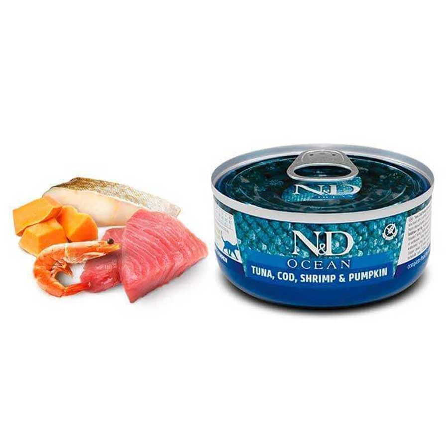 Farmina N&D Grain Free Ocean Tuna, Cod, Shrimp&Pumpkin Adult Cat - Беззерновой консервированный корм с тунцем, щепкой и креветками для кошек 70 г: цены и характеристики