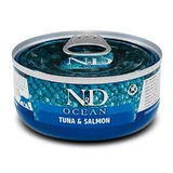 Farmina N&D Grain Free Ocean Tuna&Salmon Adult Cat - Беззерновой консервированный корм с тунцем и лососем для кошек 70 г
