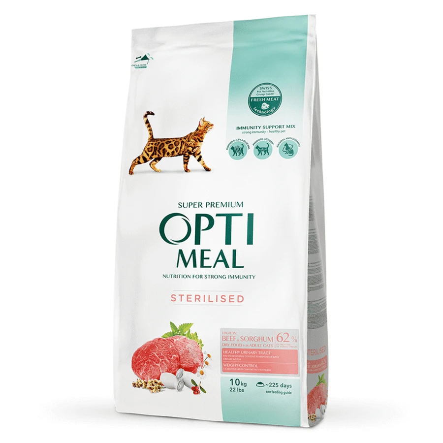 OptiMeal Sterilized Cat Beef & Sorghum Сухой корм с высоким содержанием говядины и сорго для взрослых кошек, 10 кг: цены и характеристики