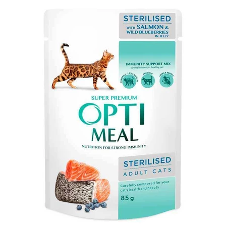 OptiMeal Sterilised Cat with Salmon&Wild Blueberries in Jelly Консервований корм з лососем та чорницею для стерилізованих котів та кішок (шматочки в желе), 85 г: ціни та характеристики