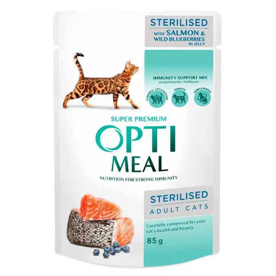 OptiMeal Sterilised Cat with Salmon&Wild Blueberries in Jelly Консервований корм з лососем та чорницею для стерилізованих котів та кішок (шматочки в желе), 85 г: ціни та характеристики
