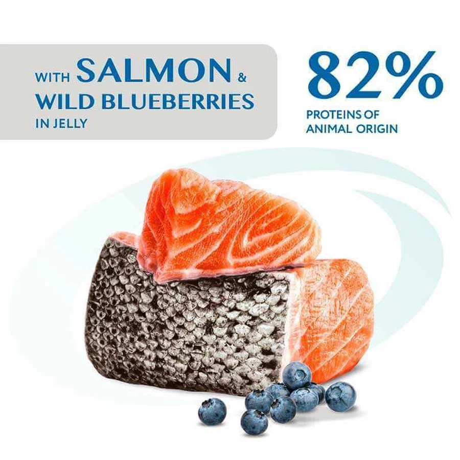 OptiMeal Sterilised Cat with Salmon&Wild Blueberries in Jelly Консервований корм з лососем та чорницею для стерилізованих котів та кішок (шматочки в желе), 85 г: ціни та характеристики