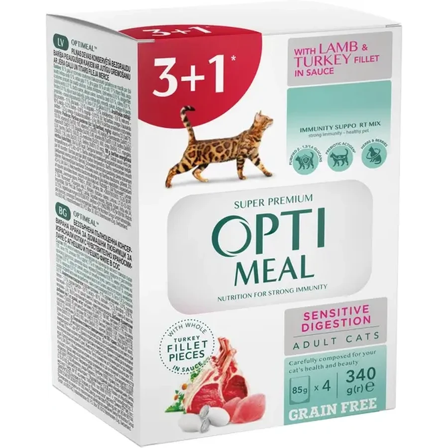 OptiMeal Adult Cats Sensitive Lamb & Turkey fillet Беззерновой влажный корм с ягненком и индейкой для котов с чувствительным пищеварением (кусочки в соусе), 3+1 шт (85 г): цены и характеристики