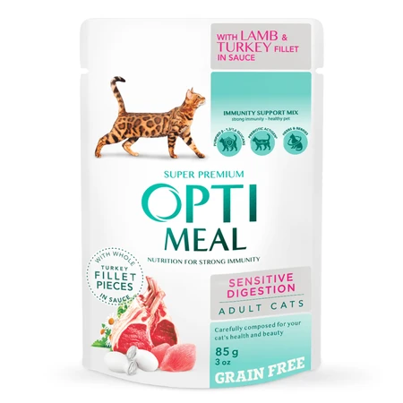 OptiMeal Adult Cats Sensitive Lamb & Turkey fillet Беззерновой влажный корм с ягненком и индейкой для котов с чувствительным пищеварением (кусочки в соусе), 3+1 шт (85 г): цены и характеристики