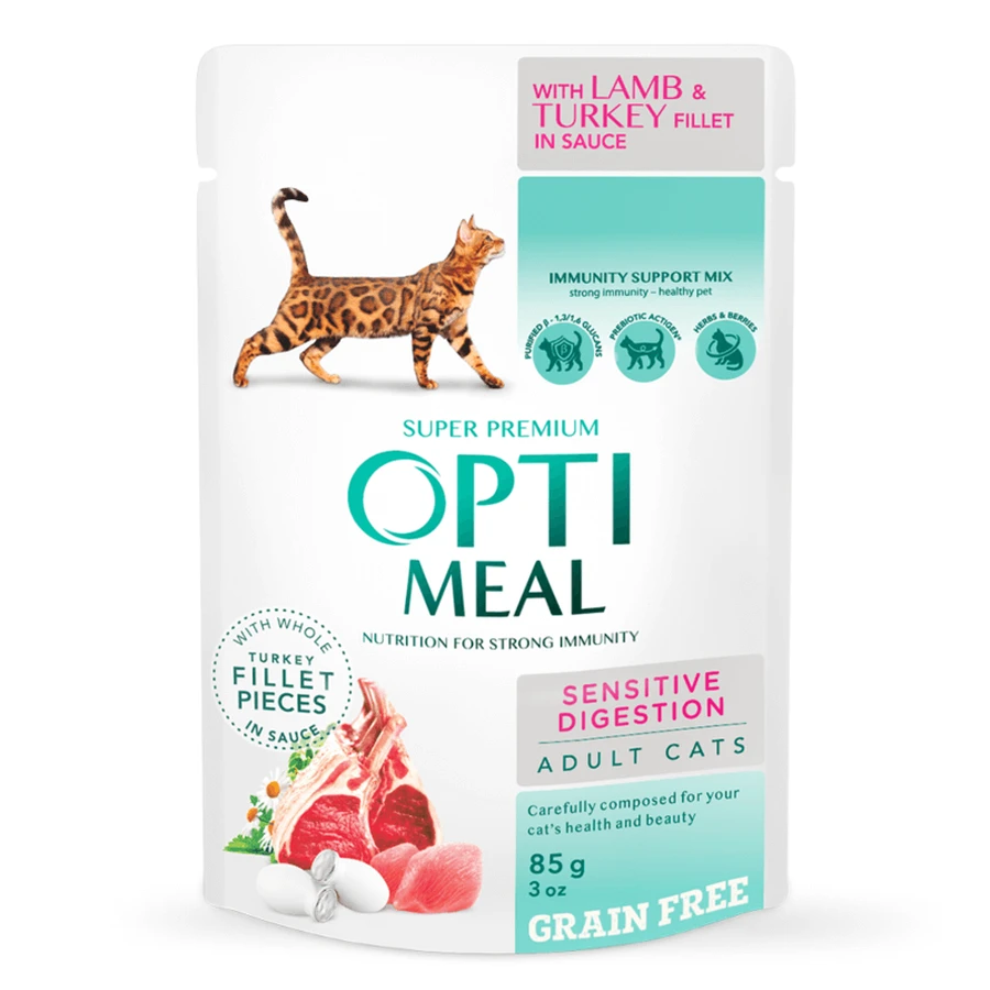 OptiMeal Adult Cats Sensitive Lamb & Turkey fillet Беззерновой влажный корм с ягненком и индейкой для котов с чувствительным пищеварением (кусочки в соусе), 3+1 шт (85 г): цены и характеристики