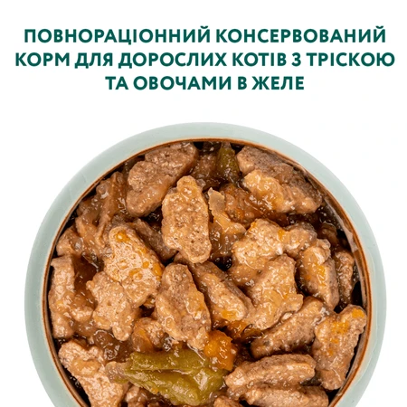OptiMeal Adult Cats Cod Fish & Vegetable in jelly Консервований корм з тріскою та овочами для дорослих котів (шматочки в желе), 3+1 шт (85 г): ціни та характеристики