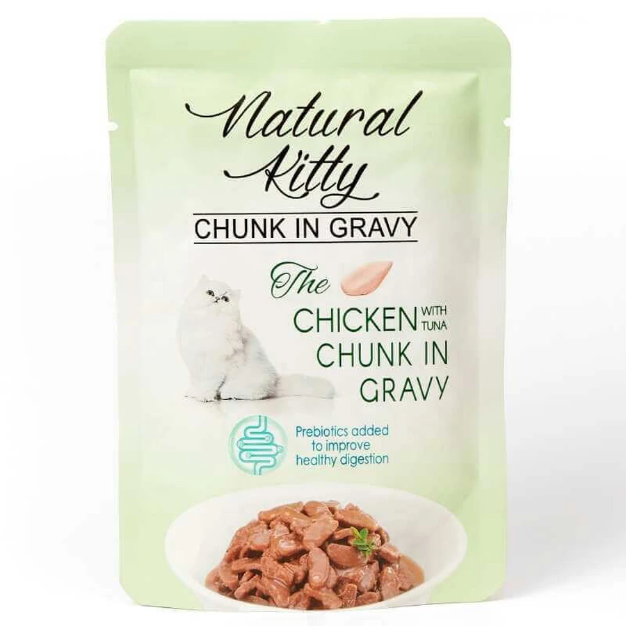 Natural Kitty Chunk in Gravy Chicken with Tuna Вологий корм шматочки курки та тунця з курячою печінкою у соусі для котів, 85 г: ціни та характеристики