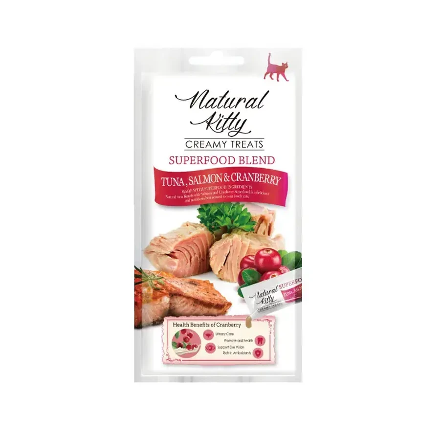 Natural Kitty Creamy Treats Tuna with salmon & cranberry Ласощі Крем-снек зі смаком тунця, лосося та журавлини для котів, 4х12 г: ціни та характеристики
