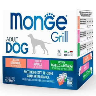 Monge Grill Adult Dog Multipack Lamb&Pork&Salmon Набір паучів з ягням та овочами, свининою, лососем для собак великих порід, 100 г х 12 шт