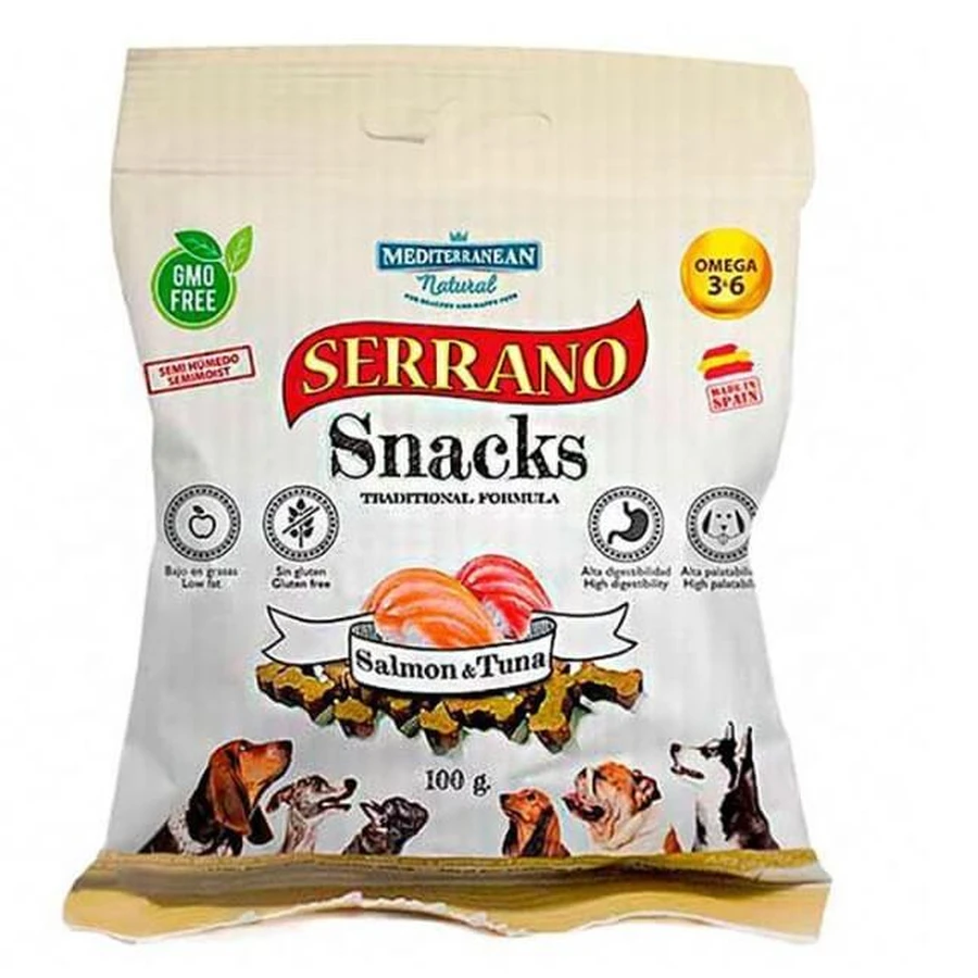 Mediterranean Natural Serrano Snacks Salmon&Tuna Натуральні ласощі з лососем і тунцем для собак, 100 г: ціни та характеристики