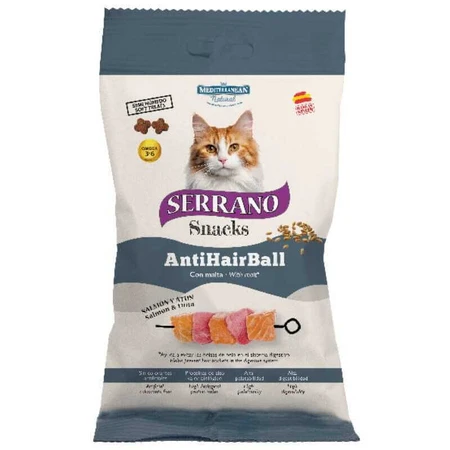 Mediterranean Natural Serrano Snacks AntiHairBall Salmon&Tuna Натуральні ласощі з лососем і тунцем для котів, що сприяють виведенню грудочок шерсті з ШКТ, 50 г: ціни та характеристики
