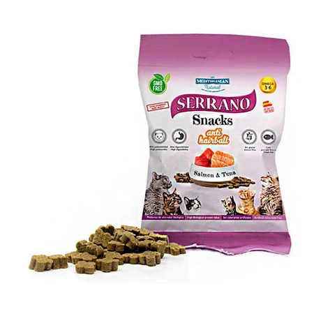 Mediterranean Natural Serrano Snacks AntiHairBall Salmon&Tuna Натуральні ласощі з лососем і тунцем для котів, що сприяють виведенню грудочок шерсті з ШКТ, 50 г: ціни та характеристики