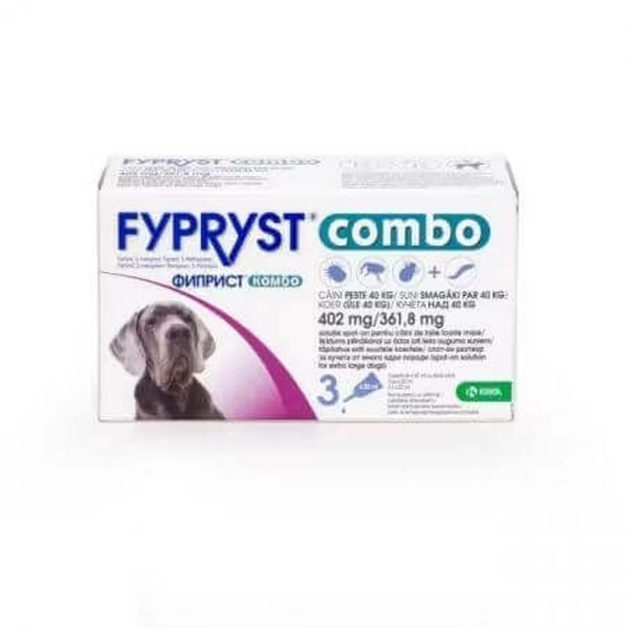Fypryst Combo Dog XL 402 мг Fypryst Combo Dog XL 402 мг, 3 пипетки для очень крупных собак 40-60 кг, 3 пипетки, Krka: цены и характеристики