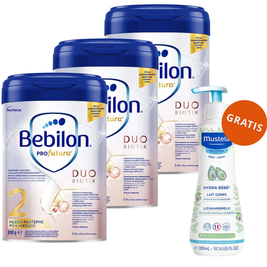 Bebilon Profutura DuoBiotik 2, молочко після 6 місяців, 3 x 800 г + Mustela Bebe Enfant Hydra Bebe, молочко для тіла, 300 мл безкоштовно: ціни та характеристики