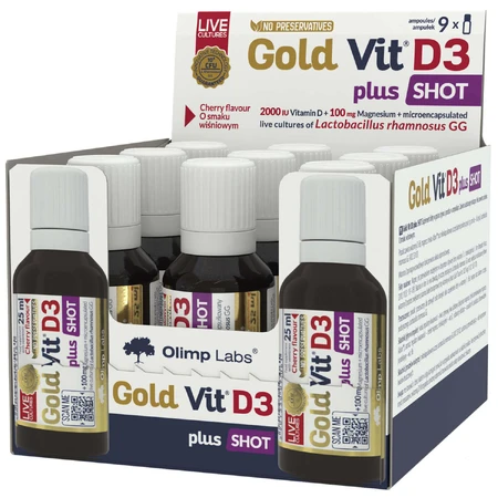 Olimp Gold-Vit D3 Plus Shot, скляна ампула, вишневий смак, 9 х 25 мл ЗАБРУДНЕНА УПАКОВКА: ціни та характеристики