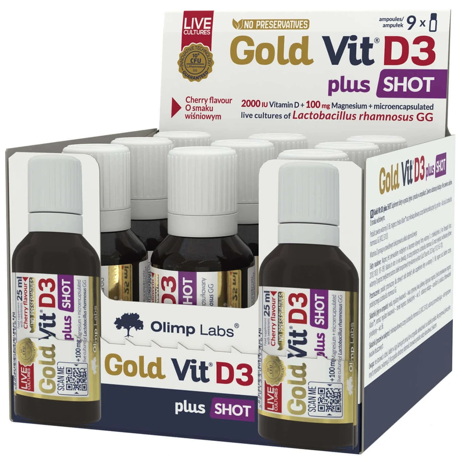 Olimp Gold-Vit D3 Plus Shot, скляна ампула, вишневий смак, 9 х 25 мл ЗАБРУДНЕНА УПАКОВКА: ціни та характеристики