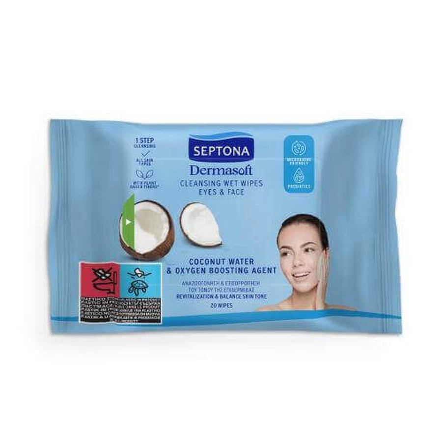SEPTONA Dermasoft Очищающие влажные салфетки с кокосовой водой для лица и глаз, 20шт: цены и характеристики