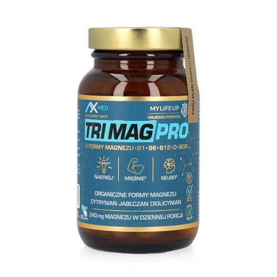 AX MED Tri Mag Pro магний 3 формы +B1+B6+B12+D3+Bor, цитрат, малат, диглицинат, 60 капсул: цены и характеристики