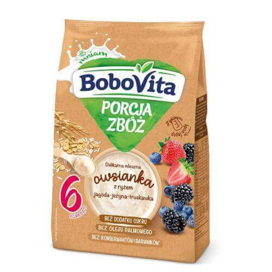 BoboVita Porcja zboża Молочна каша вівсяна з рисом чорниця-ягода-полуниця, 210г: ціни та характеристики