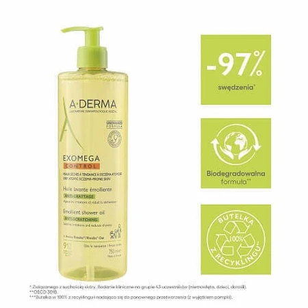 A-DERMA EXOMEGA Control Пом'якшувальна олія для душу для дітей та дорослих, 750 мл: ціни та характеристики