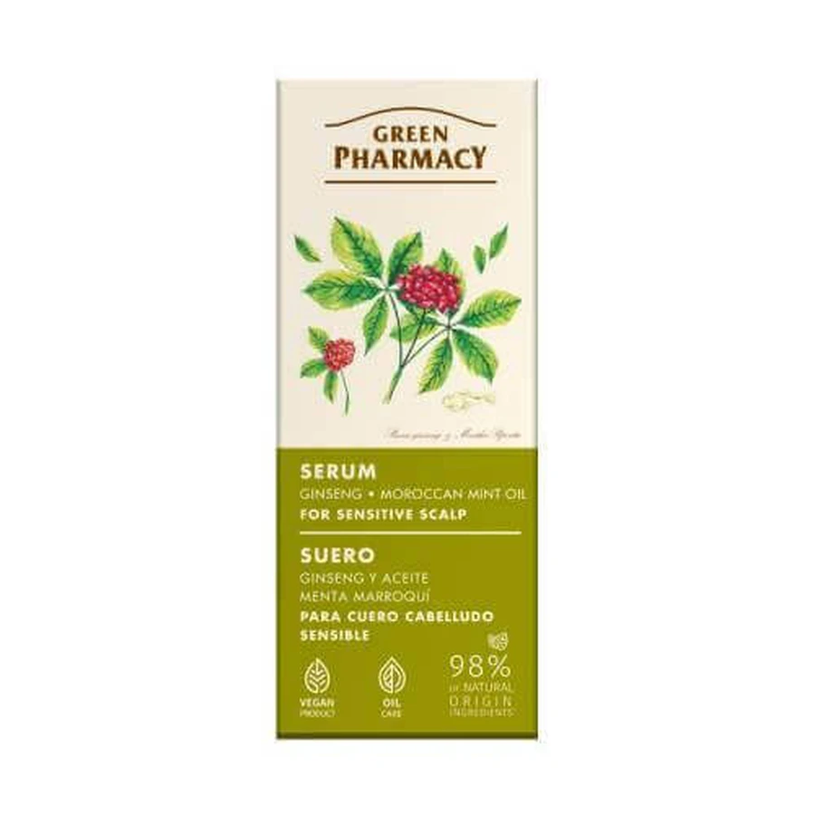 GREEN PHARMACY Сироватка для чутливої шкіри голови з женьшенем та олією марокканської м'яти, 100 мл: ціни та характеристики