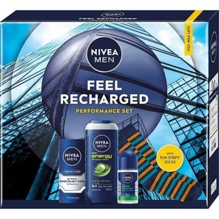 Косметичний набір Nivea Men Feel Recharged для чоловіків Зволожуючий крем для обличчя, 75 мл + Гель для душу, 250 мл + Антиперспірант рулонний, 50 мл + Шкарпетки чоловічі, 1 пара
