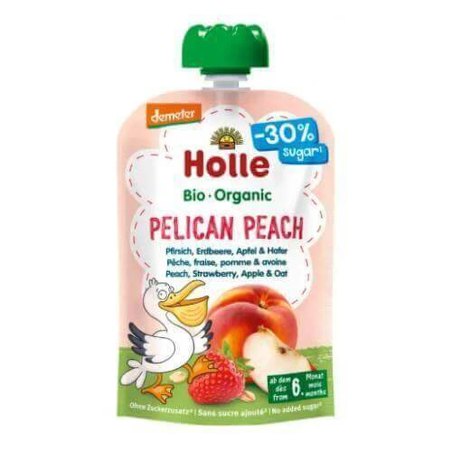 Holle Bio Органический фруктовый мусс Пеликан Персик, Клубника, Яблоко, Овес, 100 г: цены и характеристики