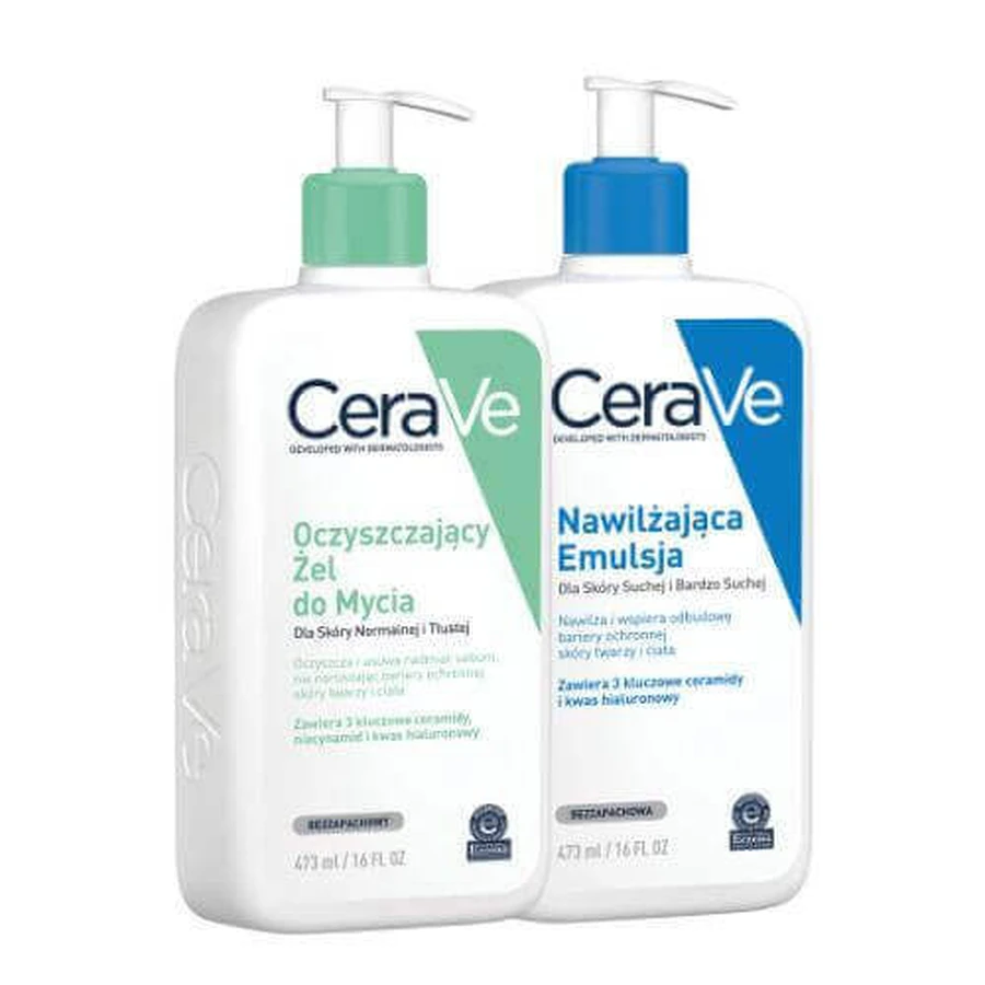 CERAVE Набір для нормальної та сухої шкіри: Очищувальний гель, 473 мл + Зволожувальна емульсія, 473 мл: ціни та характеристики