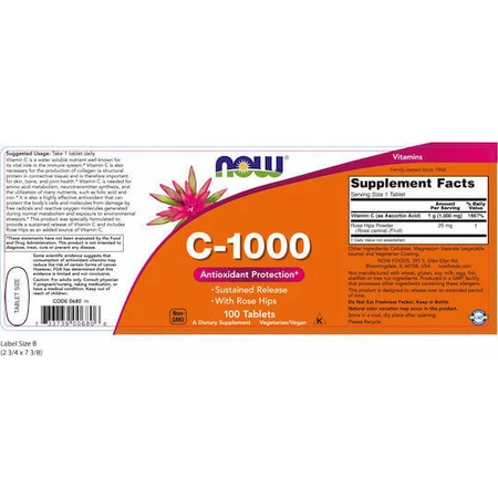 Now Foods C-1000 Антиоксидантний захист пролонгованої дії з вітаміном шипшини для зміцнення імунної системи, шкіри та антиоксидантної дії 1000 мг 100 таблеток: ціни та характеристики