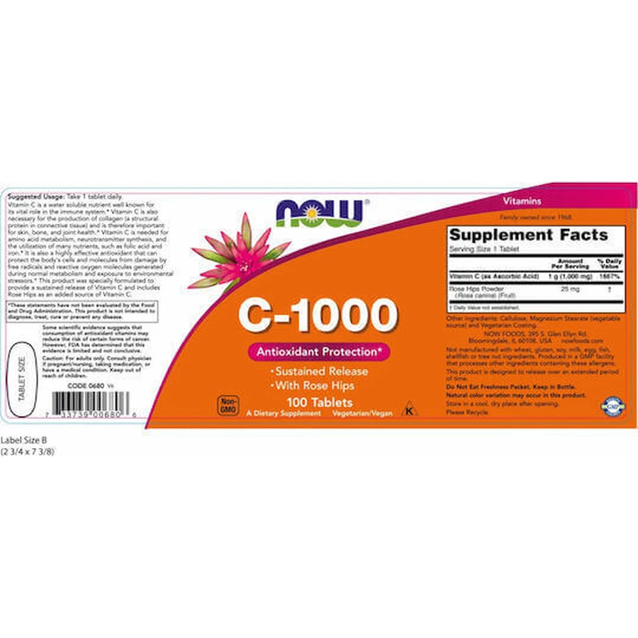 Now Foods C-1000 Антиоксидантний захист пролонгованої дії з вітаміном шипшини для зміцнення імунної системи, шкіри та антиоксидантної дії 1000 мг 100 таблеток: ціни та характеристики