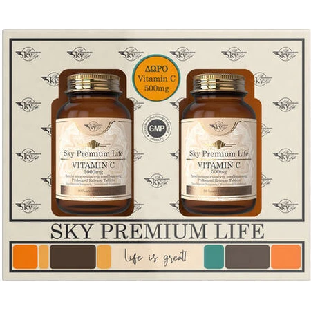 Sky Premium Life Вітамін С 1000 мг та Вітамін С 500 мг Вітамін С 1000 мг 60 таблеток та Вітамін С 500 мг 60 таблеток для зміцнення імунної системи, шкіри та антиоксидантної дії: ціни та характеристики