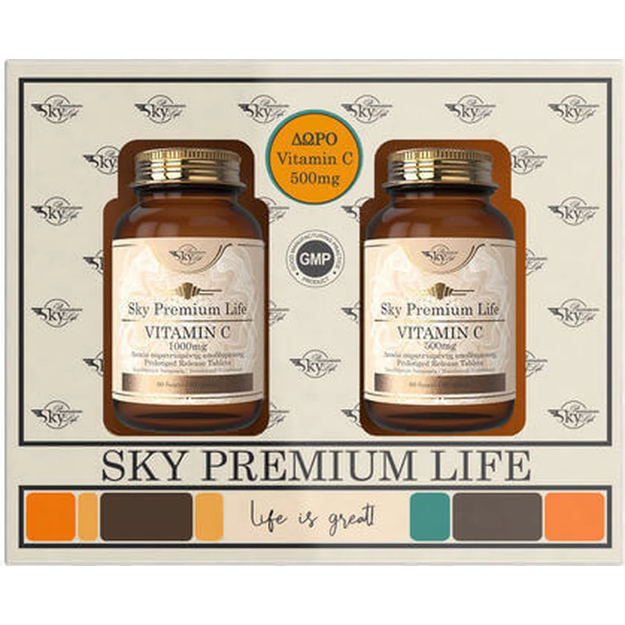 Sky Premium Life Вітамін С 1000 мг та Вітамін С 500 мг Вітамін С 1000 мг 60 таблеток та Вітамін С 500 мг 60 таблеток для зміцнення імунної системи, шкіри та антиоксидантної дії: ціни та характеристики