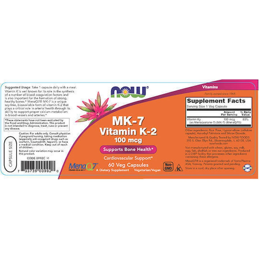 Now Foods MK-7 Vitamin K-2 Вітамін для здоров'я птахів 100мкг 60 рослинних капсул: ціни та характеристики